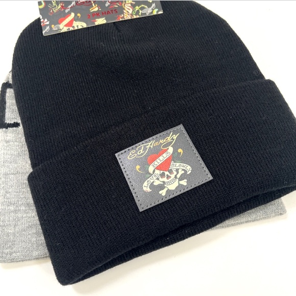 Ed Hardy Beanie Hat Set 2-Pack Knit Skull Heart Black + Tiger Gray Tattoo NWT - Picture 2 of 4